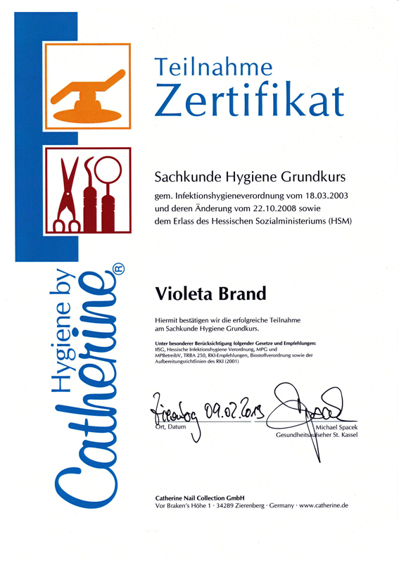 Zertifikat Sachkunde Hygiene Grundkurs 2013